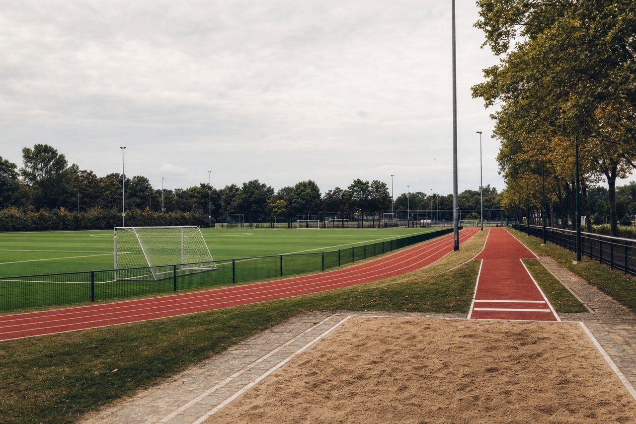 Boisko o nawierzchni syntetycznej obok bieżni lekkoatletycznej w kompleksie sportowym