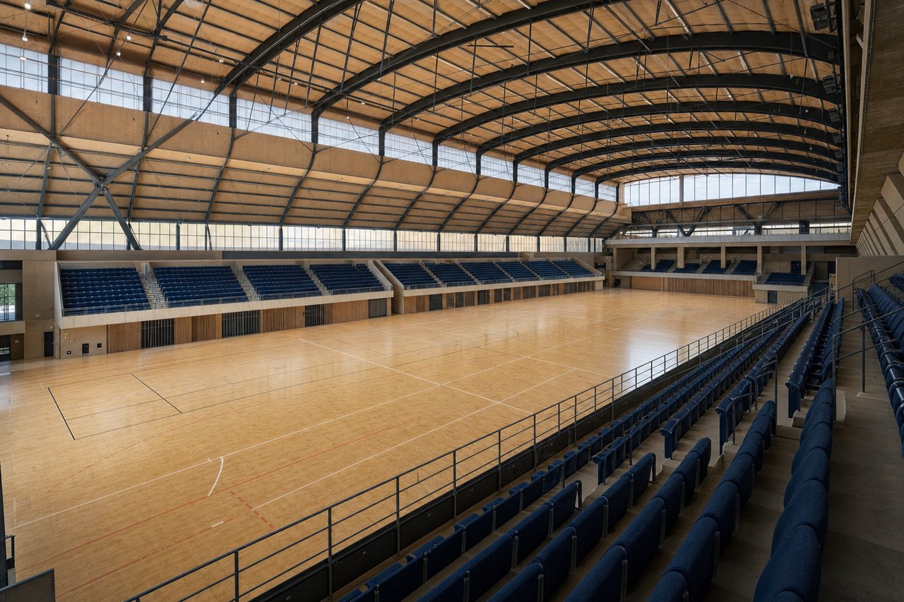 Wnętrze wielofunkcyjnej hali sportowej z parkietem i składanymi trybunami