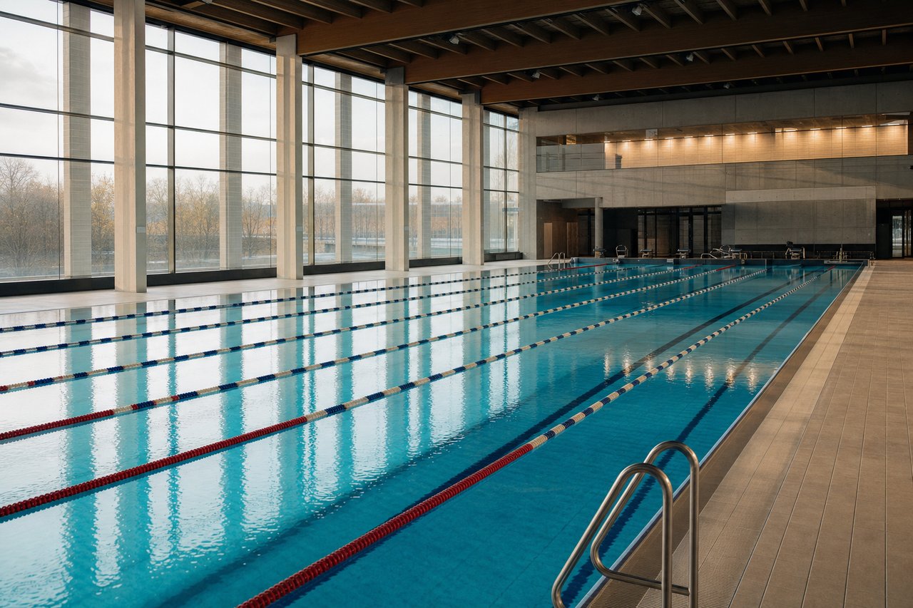 Kryta pływalnia sportowa z ośmioma torami i linami torowymi