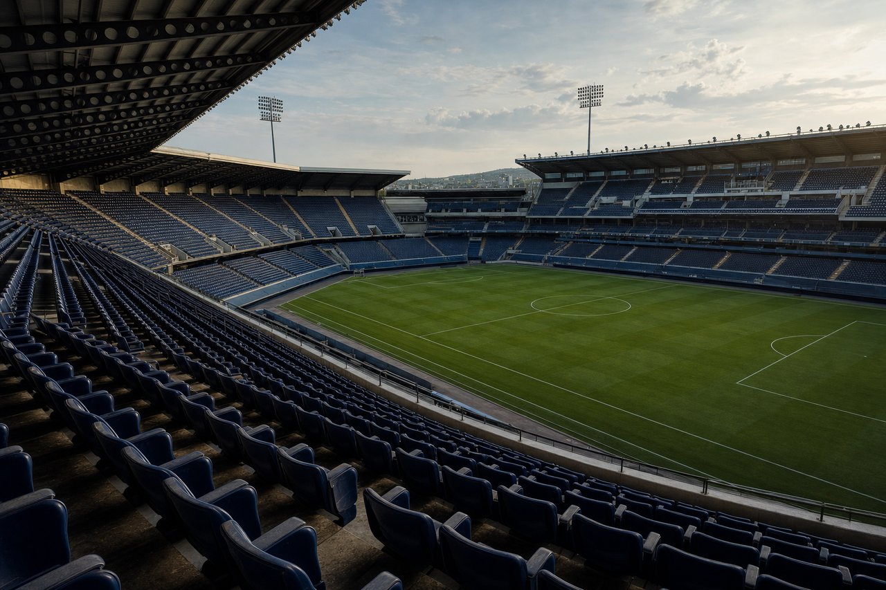 Wnętrze nowoczesnego stadionu piłkarskiego z zieloną murawą i stromymi trybunami